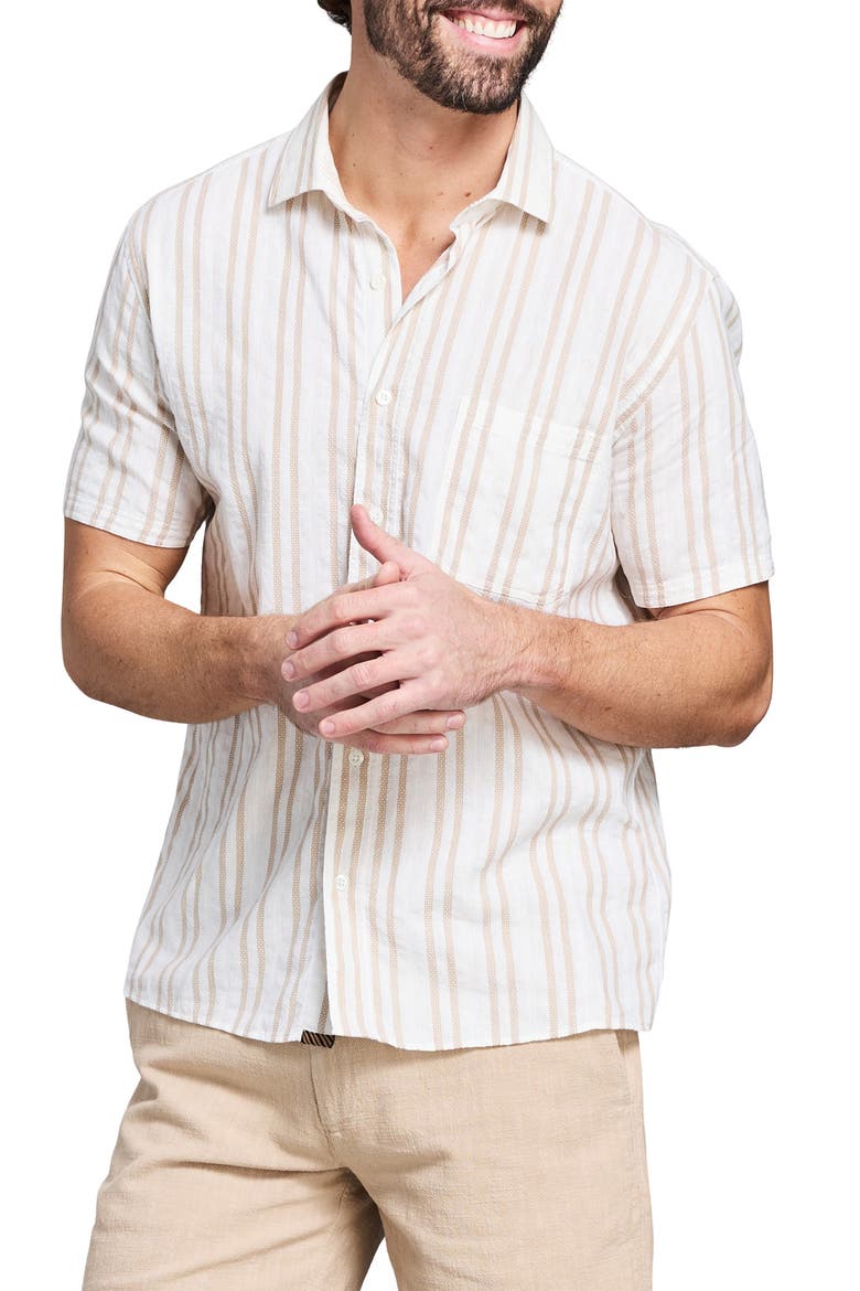Dobby Stripe Short Sleeve Cotton & Linen Button-Up Shirt, Alternate, color, TINTED WHITE/ KHAKI