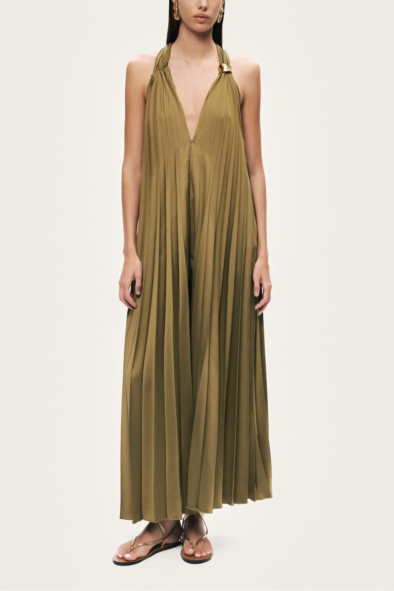 Pleated Halter Maxi Dress, Main, color, Khaki