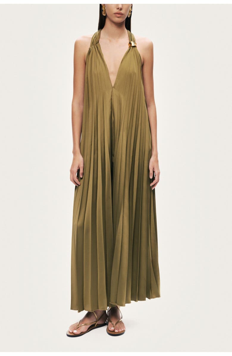Nocturne Pleated Halter Maxi Dress, Main, color, Khaki