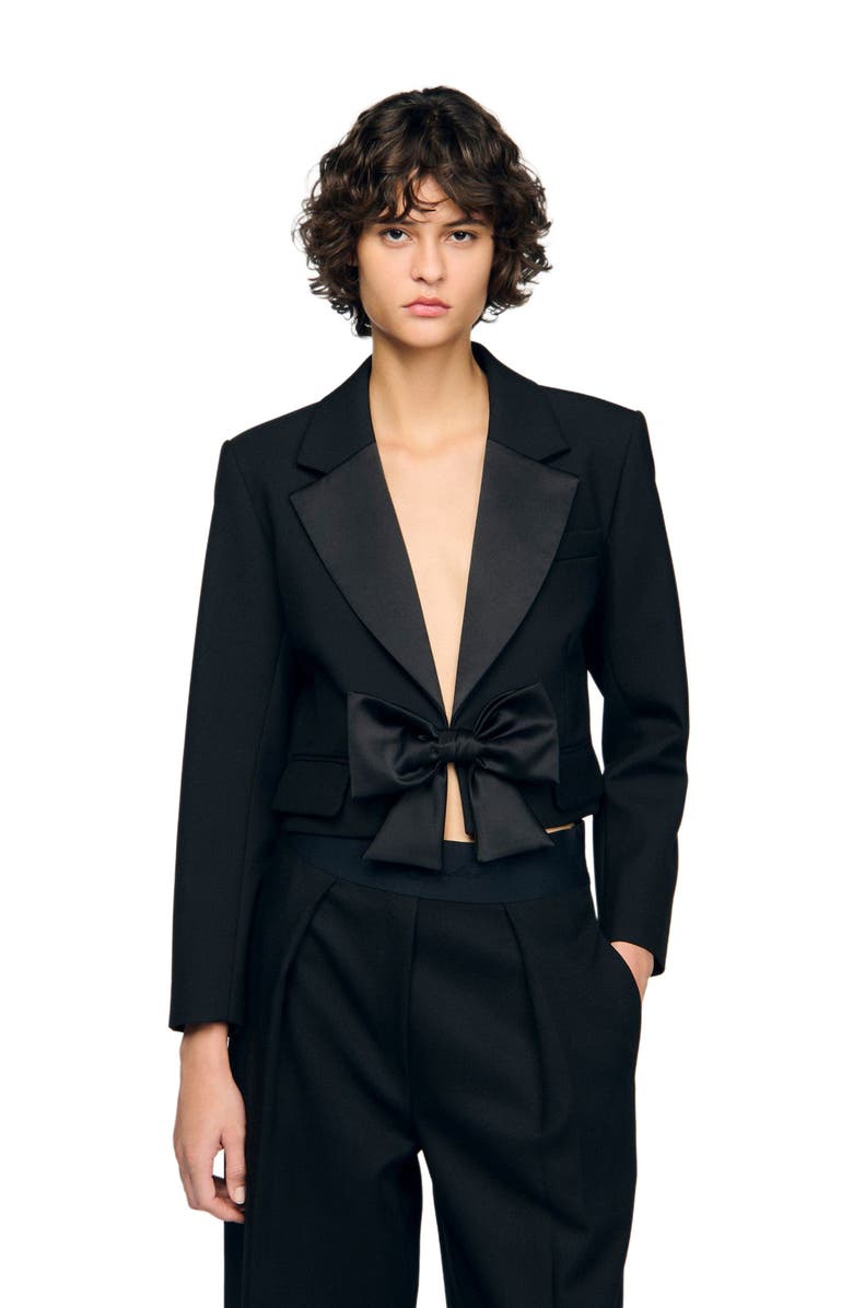 SANDRO Short satin bow jacket, Main, color, Black