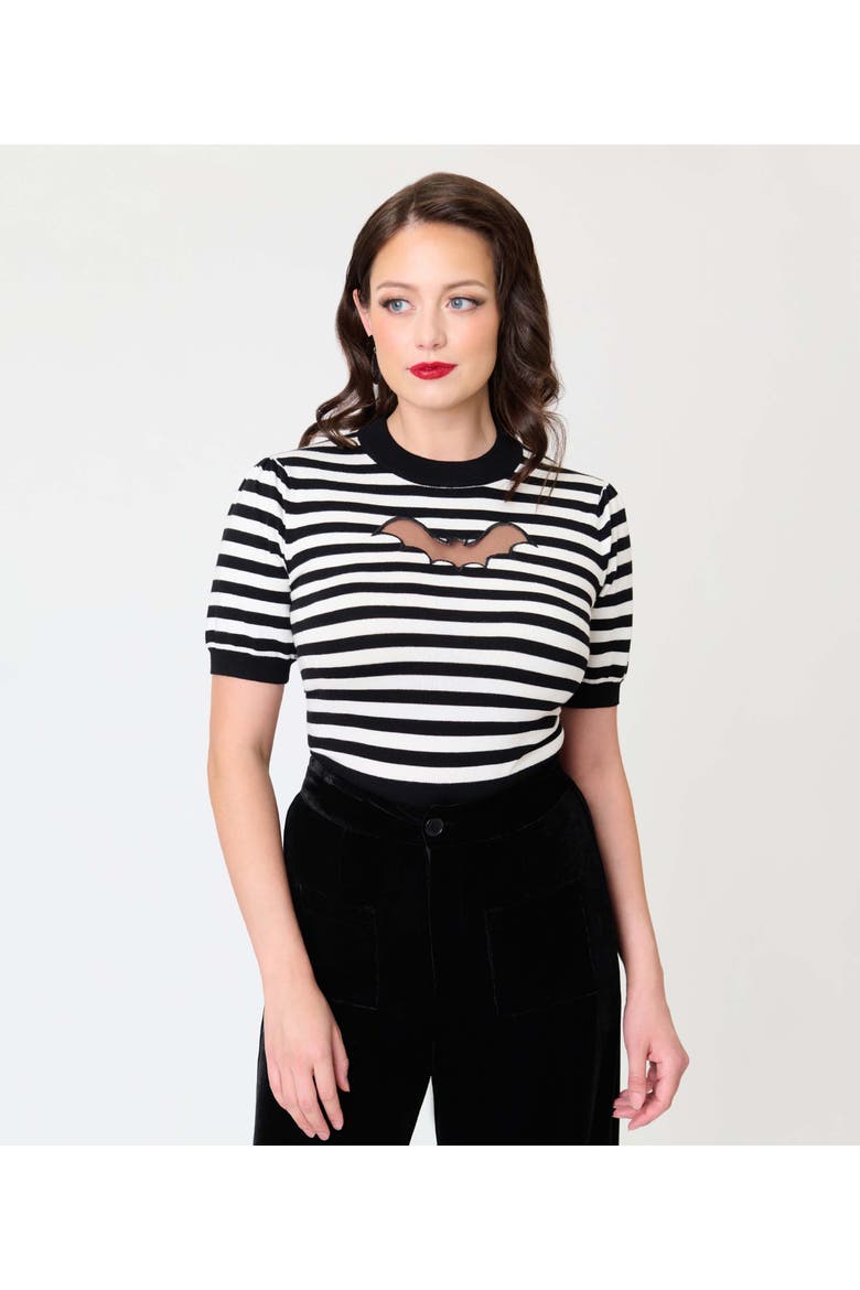 Printed Heart Cutout Knit Sweater, Alternate, color, Black & White Stripe