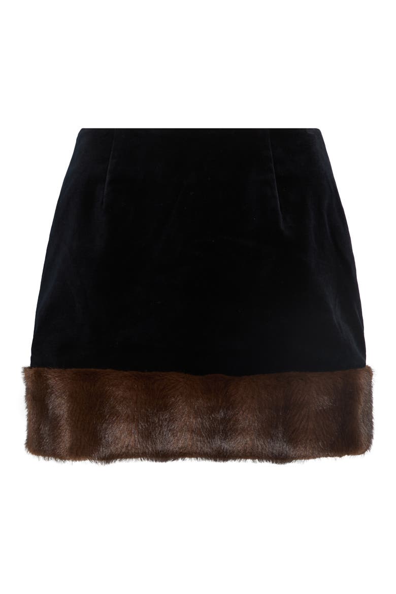 Tessie Faux Fur Trim Miniskirt, Alternate, color, BLACK