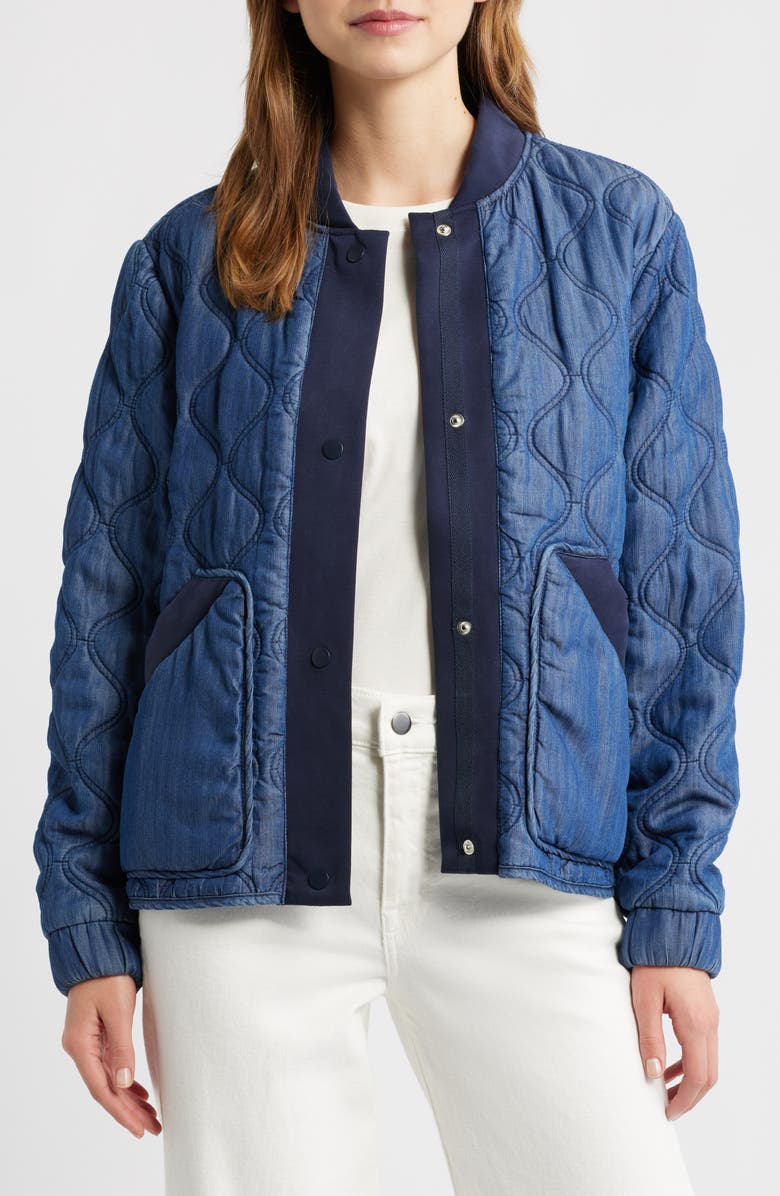 Bernardo Rib Trim Denim Quilted Liner Jacket, Main, color, Denim Blue W Navy Scuba