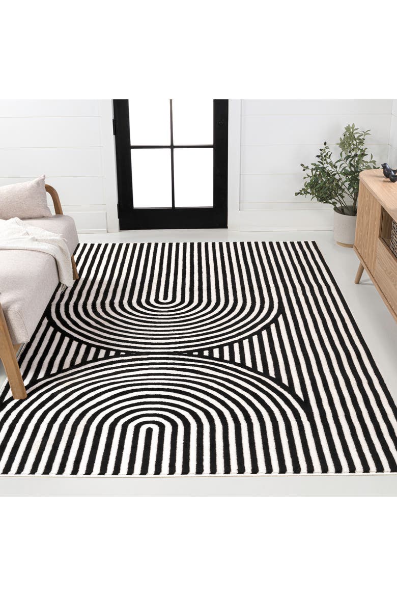 Sofia High-Low MidCentury Modern Arch Stripe Two-Tone Indoor/Outdoor Area Rug, Alternate, color, Black/White