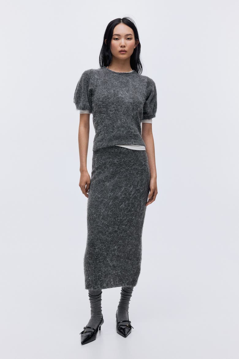 Knitted Puff-sleeved Top, Alternate, color, Gray melange