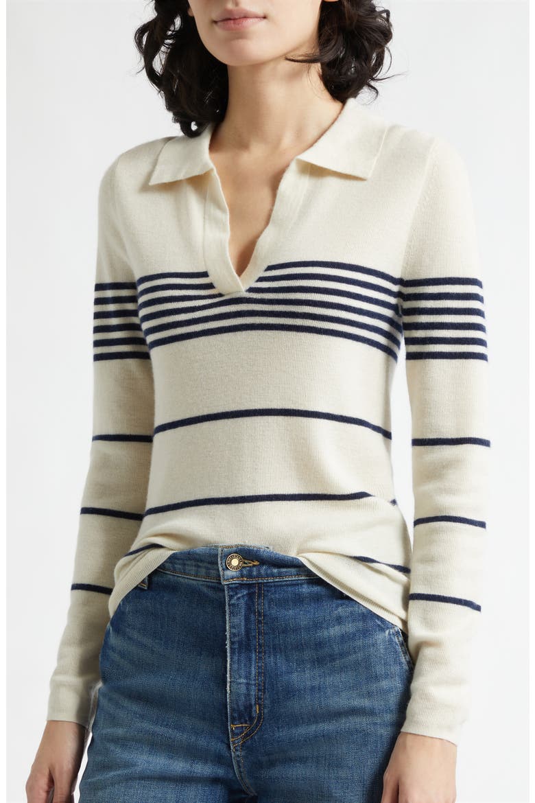 Lucille Placed Stripe Cashmere Polo Sweater, Alternate, color, IVORY/ NAVY STRIPE