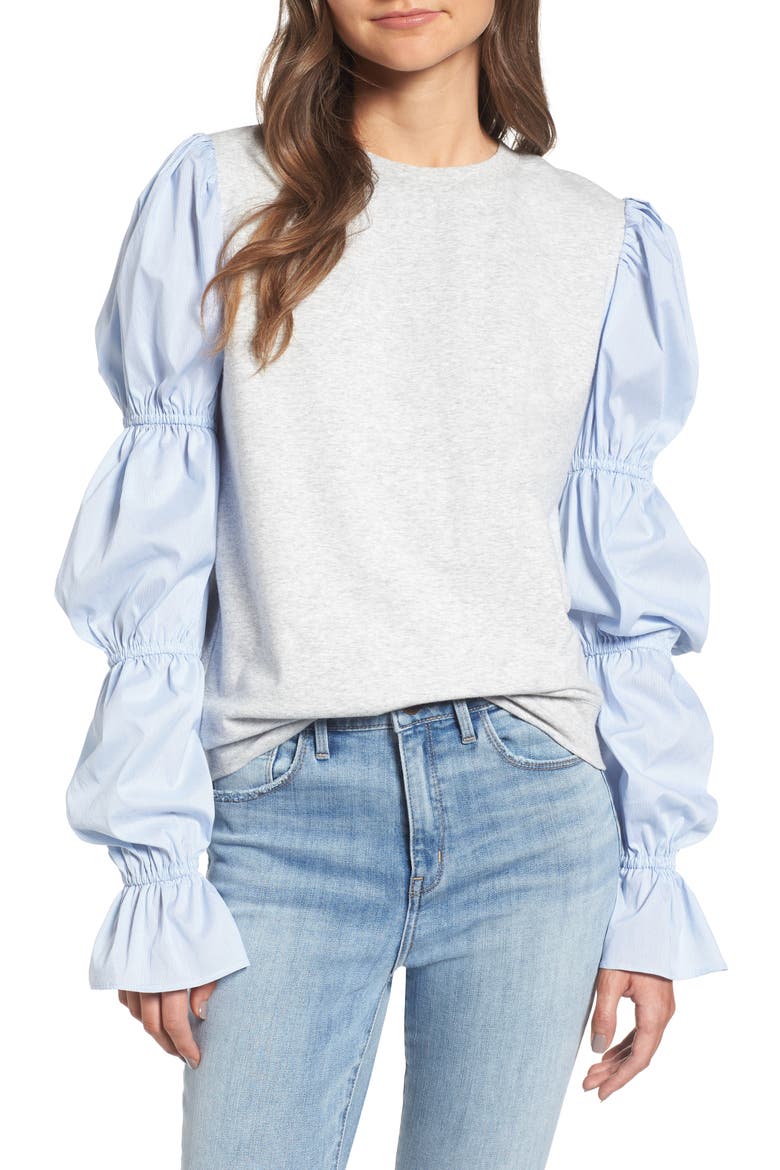 x Something Navy Poplin Sleeve Sweatshirt, Main, color, GREY LIGHT HEATHER COMBO