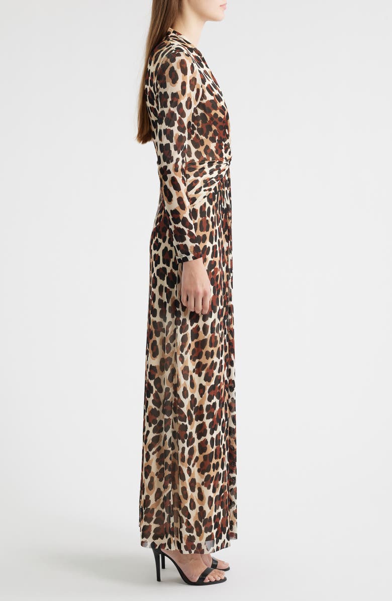 Anne Klein Leopard Print Twist Front Long Sleeve Mesh Maxi Dress, Alternate, color, Ivory/ Brown Leopard Print
