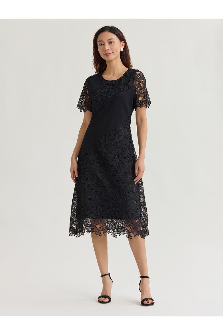 Fit & Flare Lined Laced Mixed Media Midi Dress, Main, color, Black