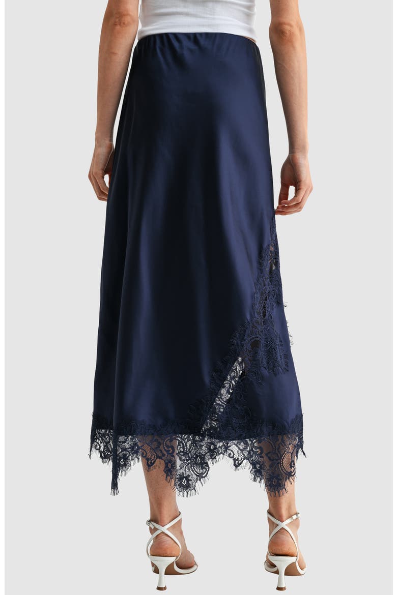 Lace Trim Satin Midi Skirt, Alternate, color, NAVY