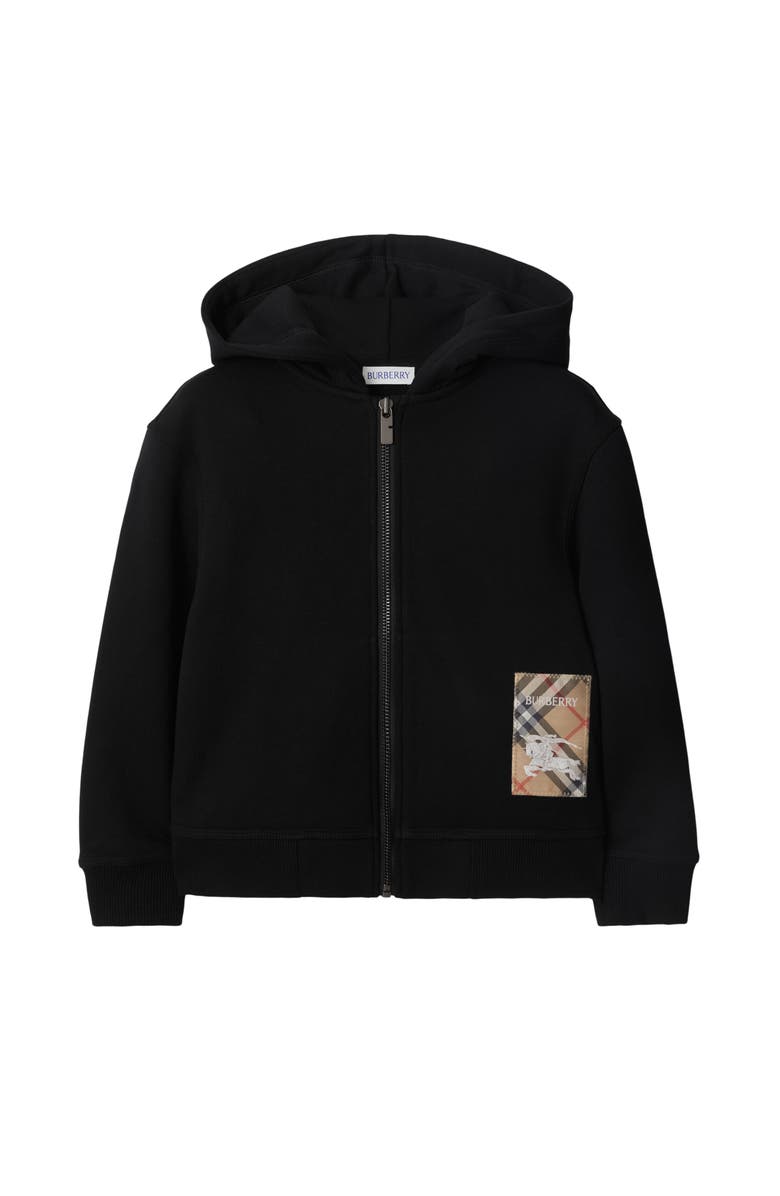 Burberry Check Label Cotton Zip Hoodie, Main, color, Black