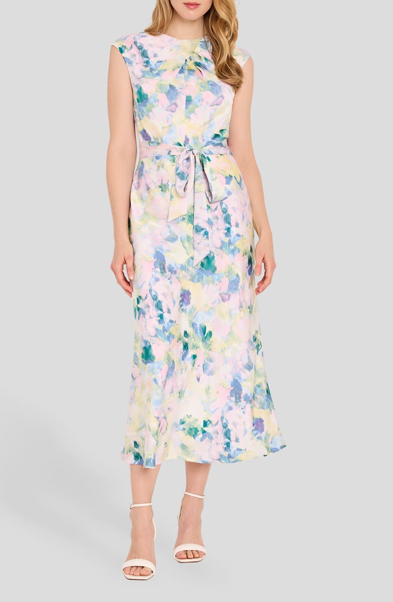 Tahari ASL Abstract Print Cross Neck Sleeveless Midi Dress, Main, color, Blush Buttercup