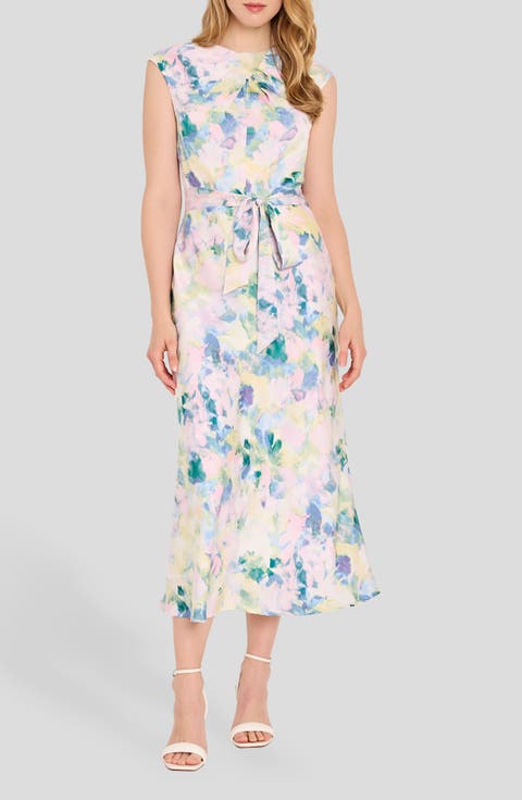 Abstract Print Cross Neck Sleeveless Midi Dress