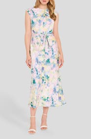 Tahari ASL Abstract Print Cross Neck Sleeveless Midi Dress