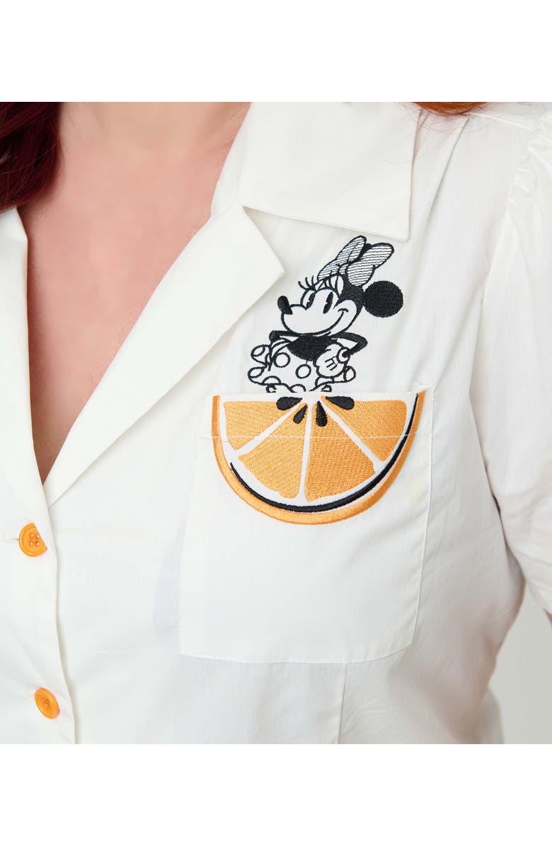 Unique Vintage Plus Size 1940s Short Sleeve Collared Button Down Woven Blouse, Alternate, color, White W/ Orange & Mouse