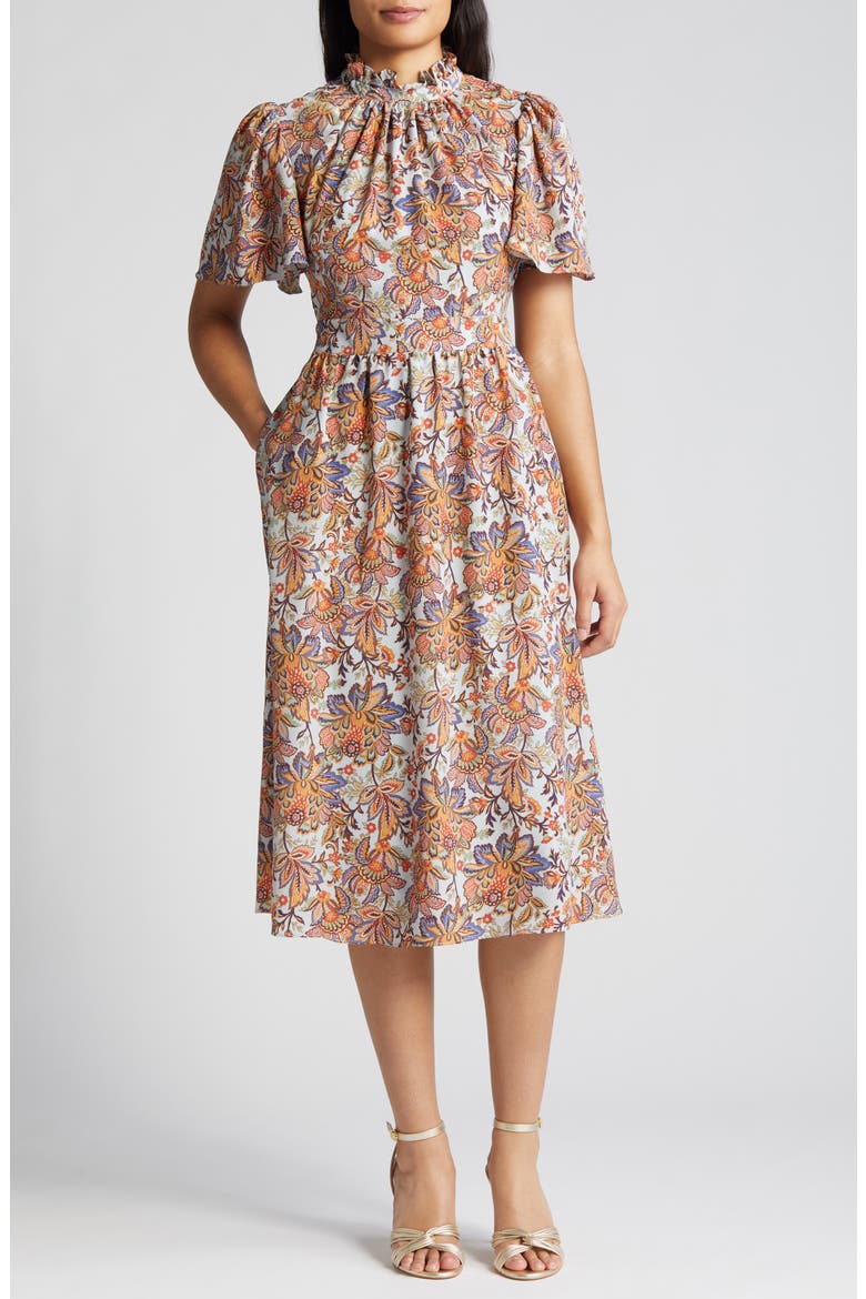 Print Mock Neck Midi Dress, Main, color, MINT MULTI