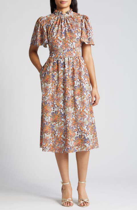 Print Mock Neck Midi Dress