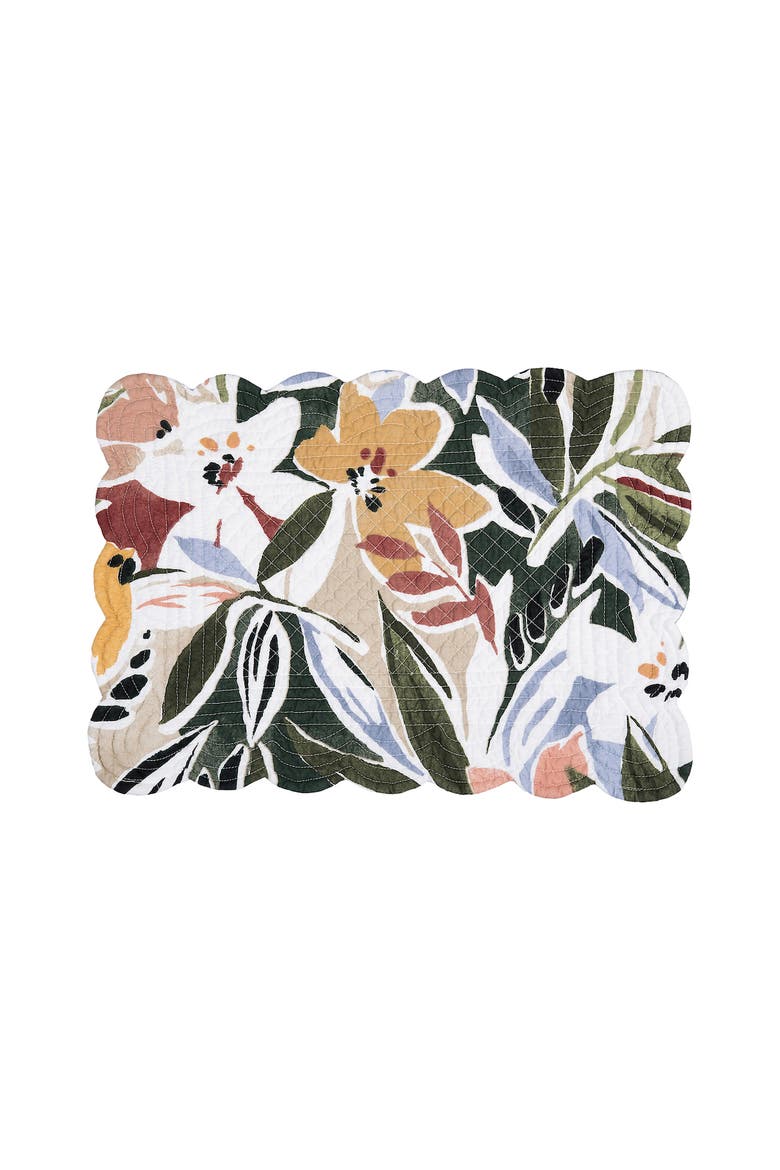 Joelle Palm Leaves & Flowers 100% Cotton Set of 6 Placemats 13" x 19", Alternate, color, Green