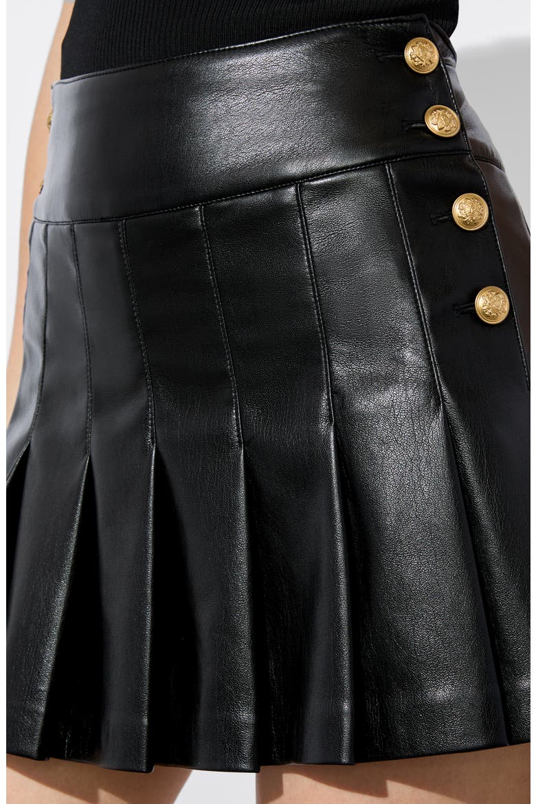 Lanna Pleated Button Faux Leather Miniskirt, Alternate, color, BLACK