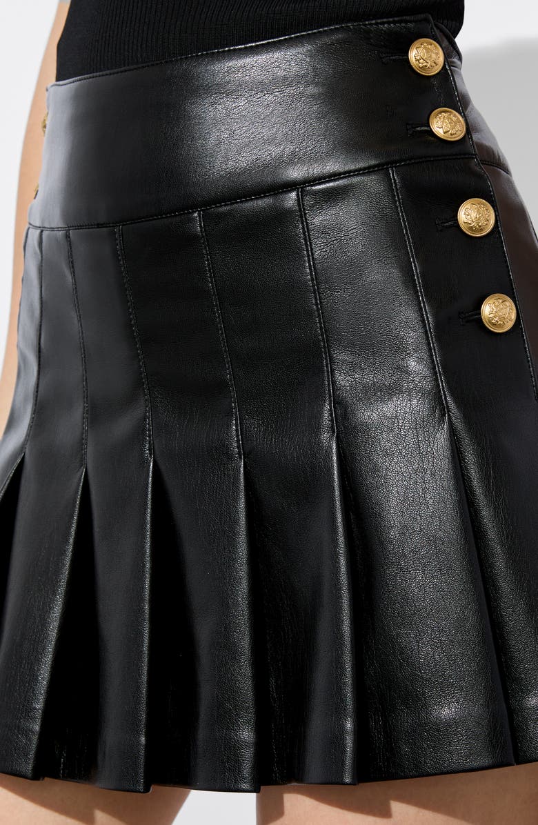 Alice + Olivia Lanna Pleated Button Faux Leather Miniskirt, Alternate, color, Black