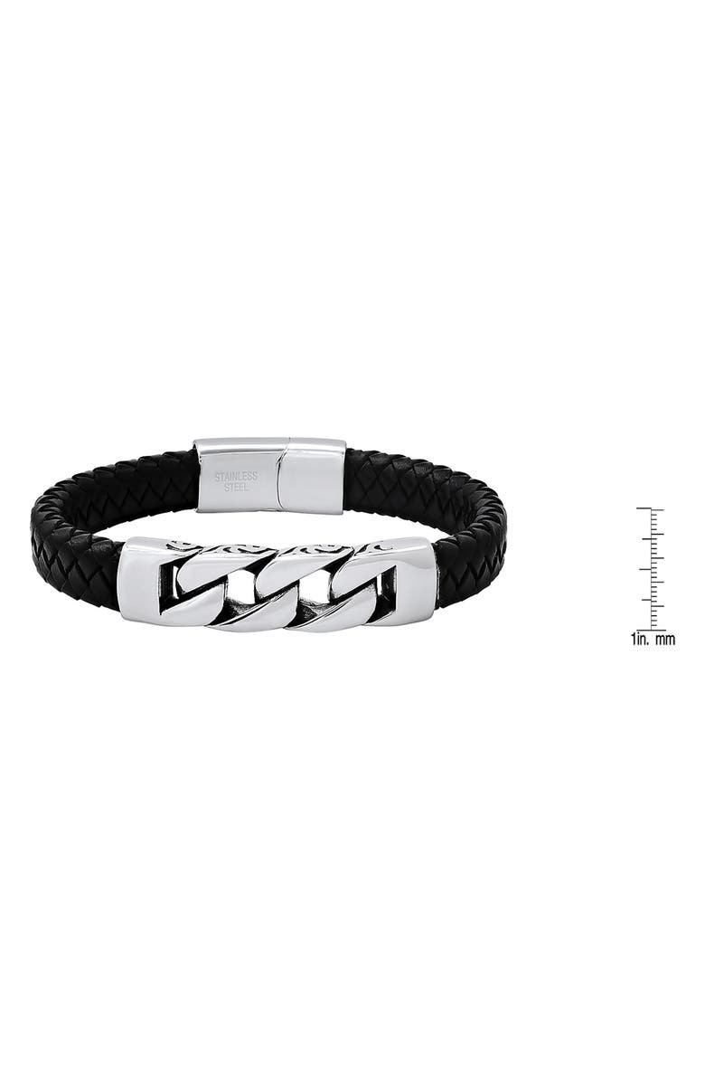 HMY JEWELRY Chunky Curb Link Braided Leather Bracelet, Alternate, color, Silver/ Black