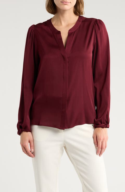 Biralana Stretch Silk Split Neck Long Sleeve Top