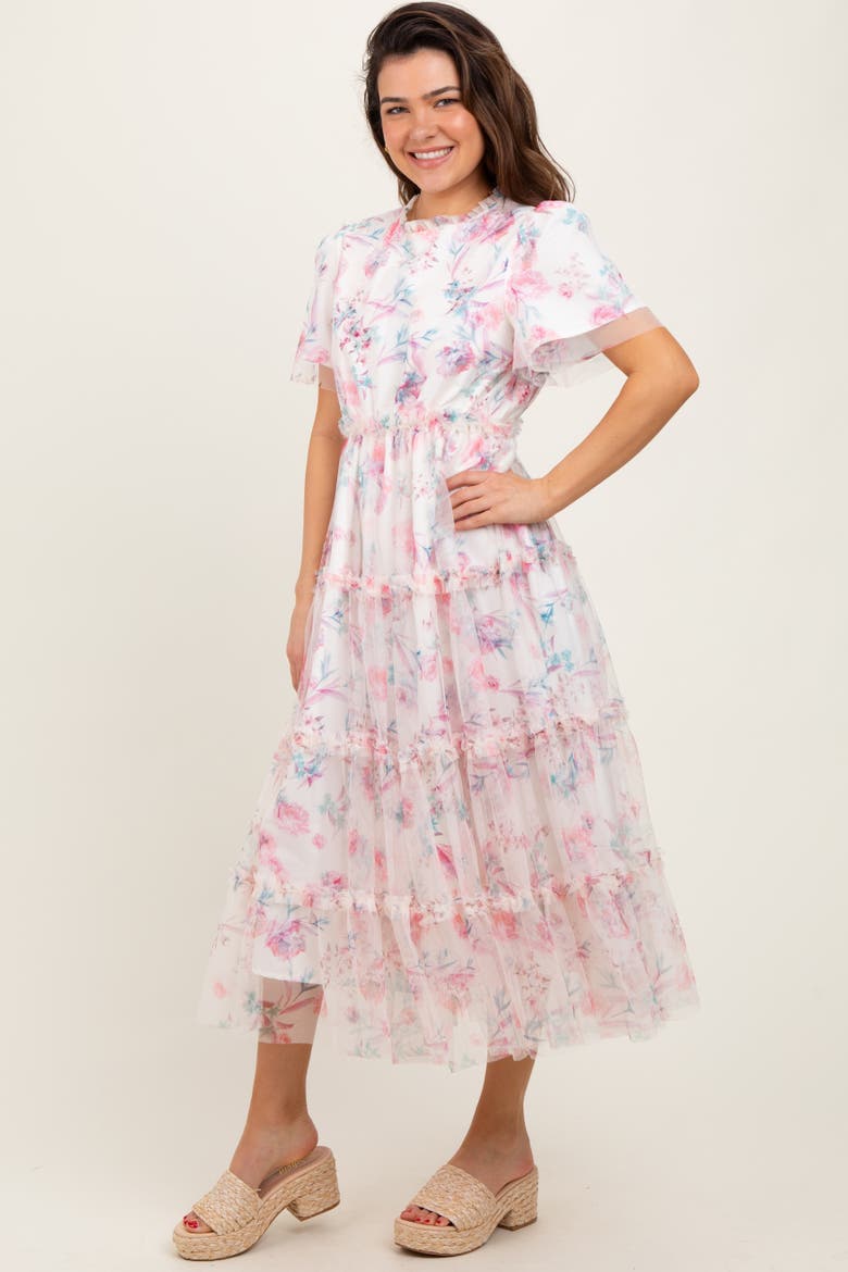 Floral Mesh Ruffle Tiered Midi Dress, Alternate, color, Ivory