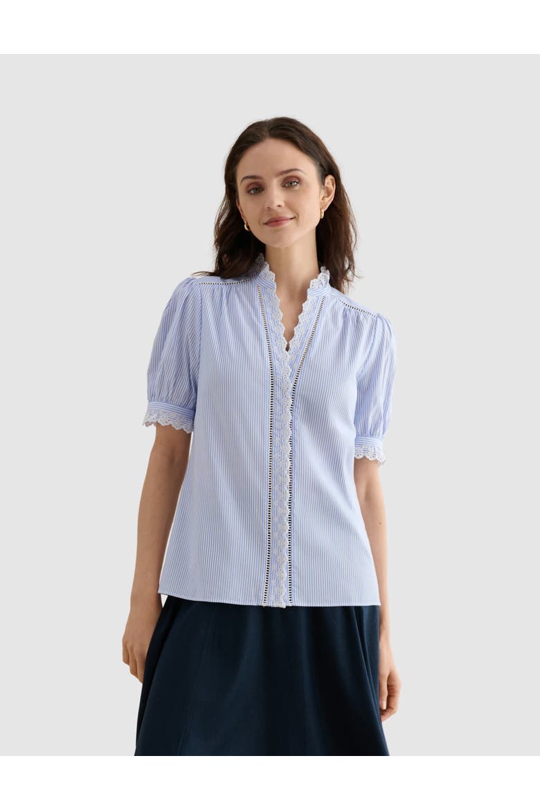 Naima Scalloped Lace Trim Pintuck Blouse, Main, color, Blue Ivory