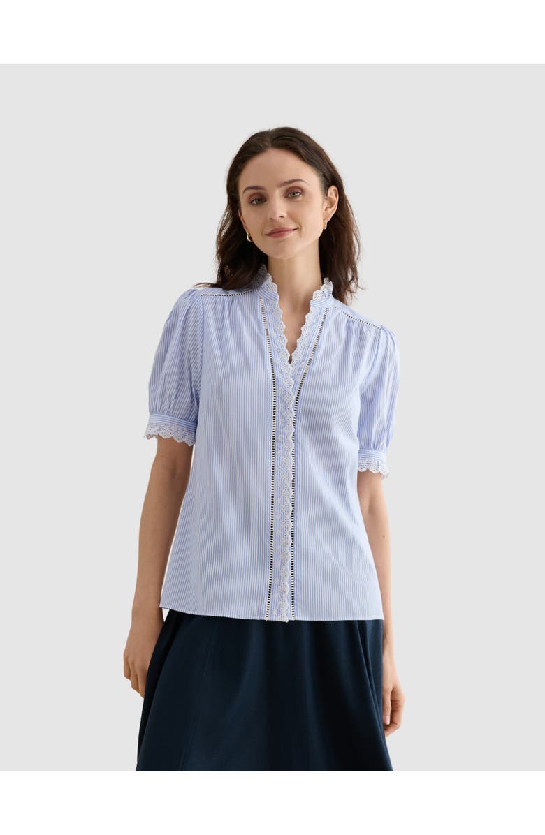 HOBBS LONDON Naima Scalloped Lace Trim Pintuck Blouse, Main, color, Blue Ivory