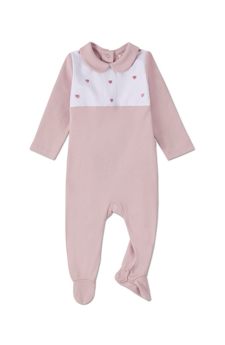 MiniMoi Baby Girls Petite Hearts Pintuck Cotton Footie, Main, color, Lilac