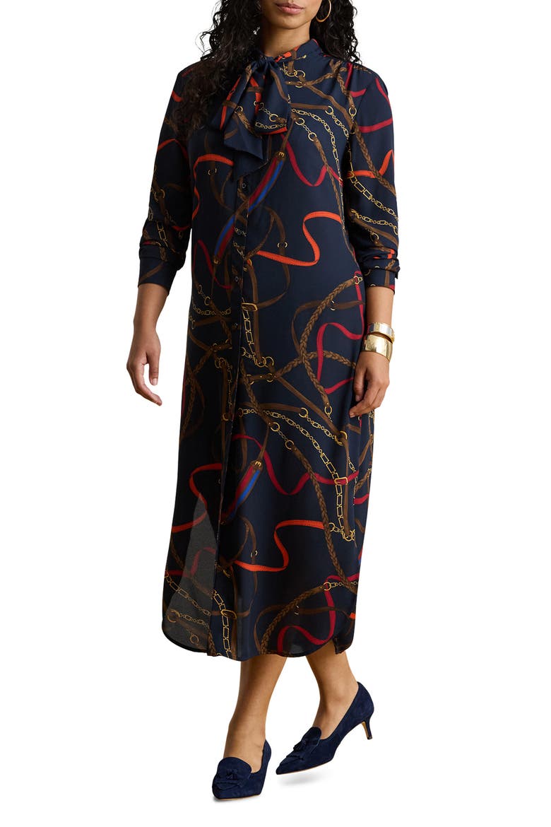 Chain Print Tie Waist Long Sleeve Crepe Shirtdress, Main, color, NAVY MULTI