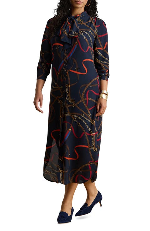 Chain Print Tie Waist Long Sleeve Crepe Shirtdress (Plus)