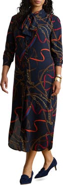 Lauren Ralph Lauren Chain Print Tie Waist Long Sleeve Crepe Shirtdress