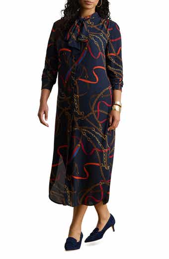 Lauren Ralph Lauren Chain Print Tie Waist Long Sleeve Crepe Shirtdress