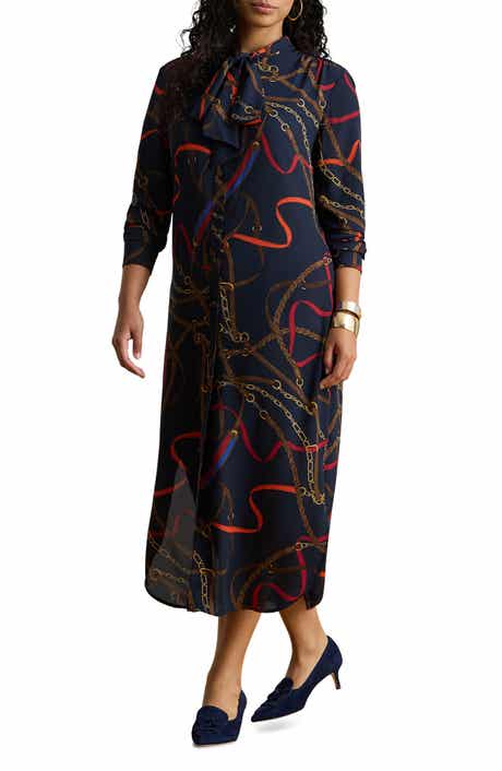 Lauren Ralph Lauren Chain Print Tie Waist Long Sleeve Crepe Shirtdress