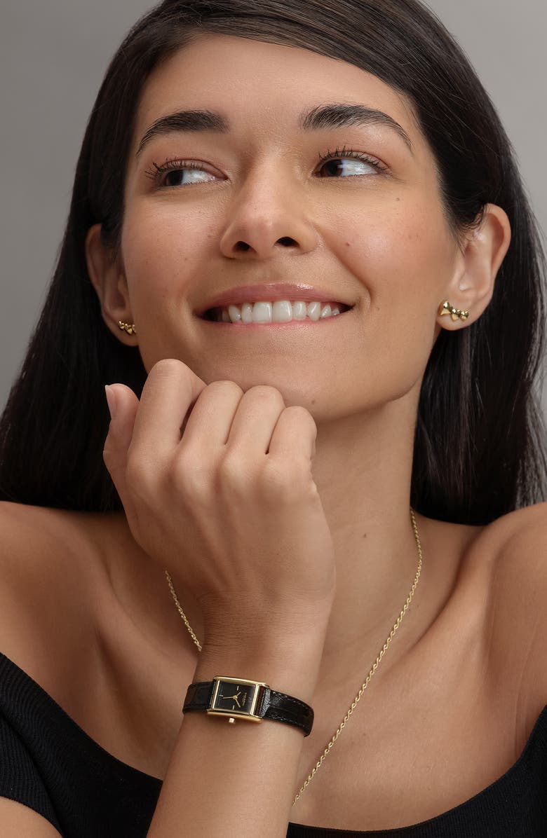 Olivia Burton Mini Grove Rectangular Croc Embossed Leather Strap Watch, 16mm, Alternate, color, Black