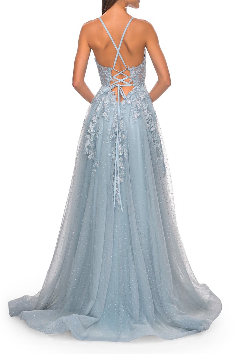 Lace Embellished A-line Dress with Lace Up Back, Alternate, color, Light Blue