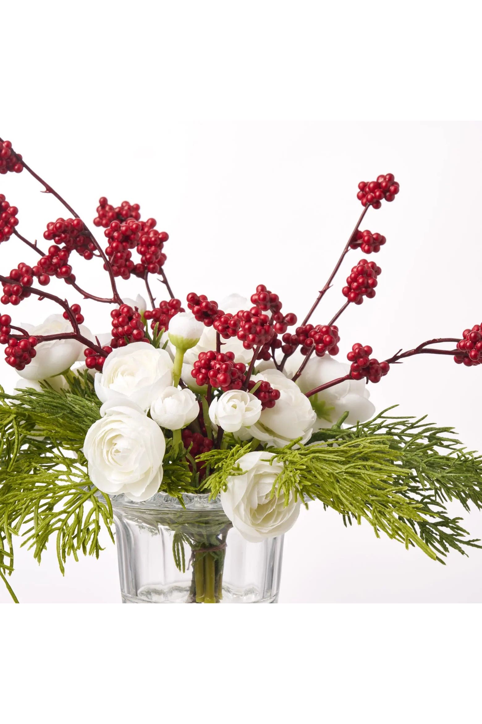 White Ranuclus Darby Creek Trading White Ranunculus Blooms & Red Snowberry with Cedar ...