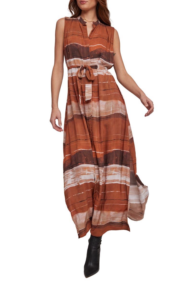 Pleat Tie Belt Dress, Main, color, RUST STRIPES PRINT