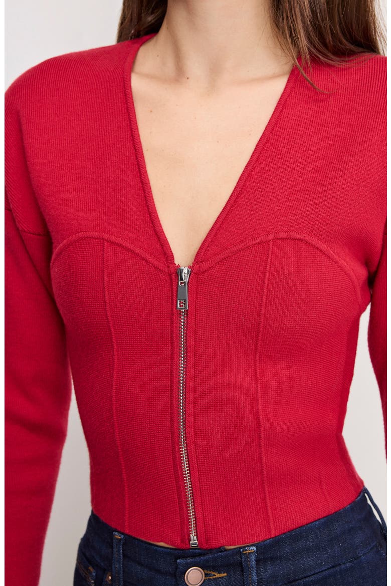 Zip Front Bustier Sweater, Alternate, color, RUBY