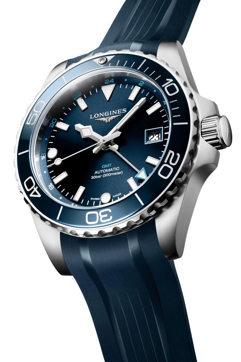 HydroConquest GMT Automatic Rubber Strap Watch, 41mm, Alternate, color, BLUE