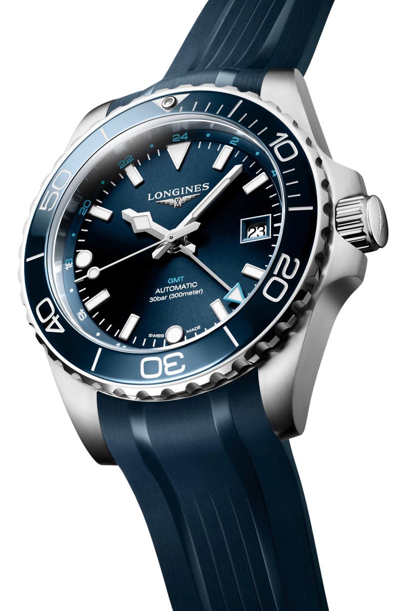 Longines HydroConquest GMT Automatic Rubber Strap Watch, 41mm, Alternate, color, Blue
