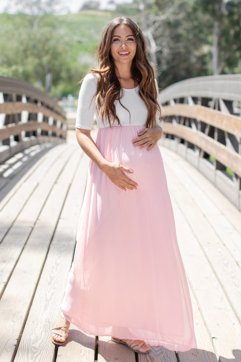 Petite Chiffon Colorblock Maternity Maxi Dress, Alternate, color, Light Pink