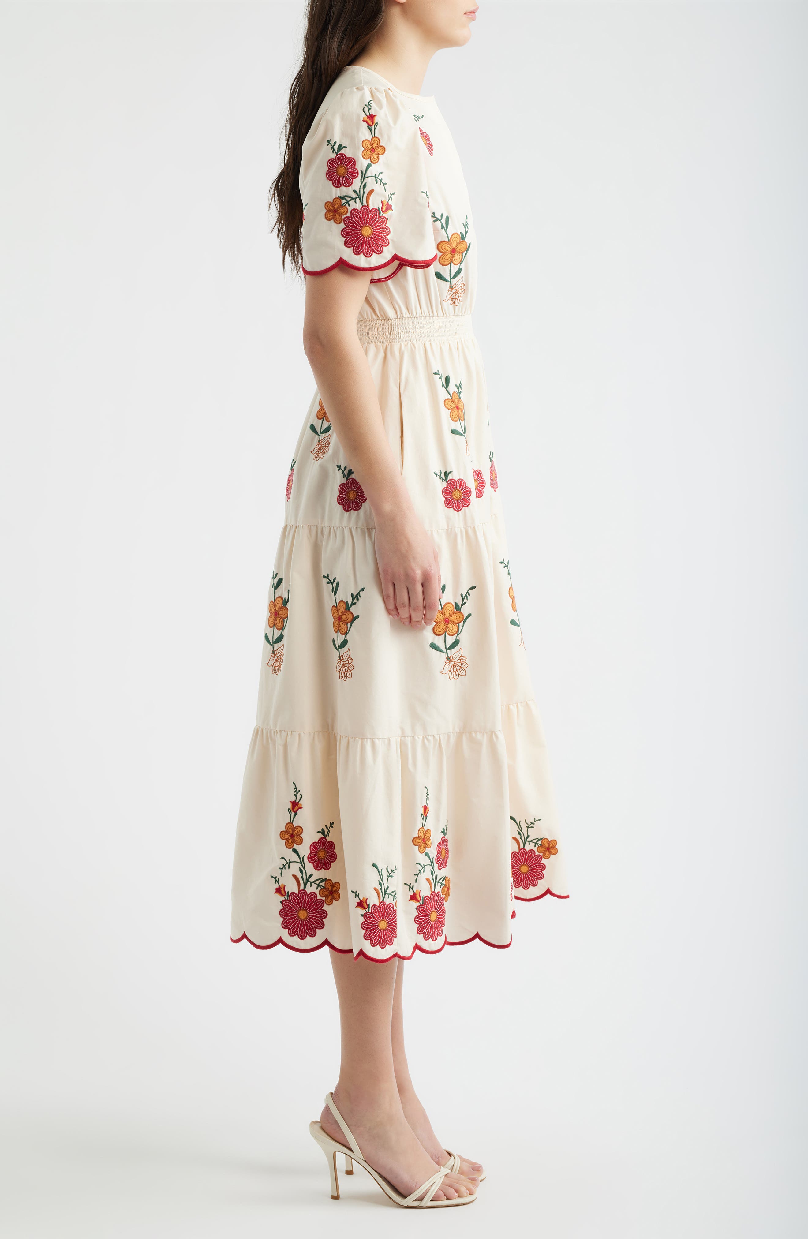 Embroidered Puff Sleeve Midi Dress (Women) | Nordstrom