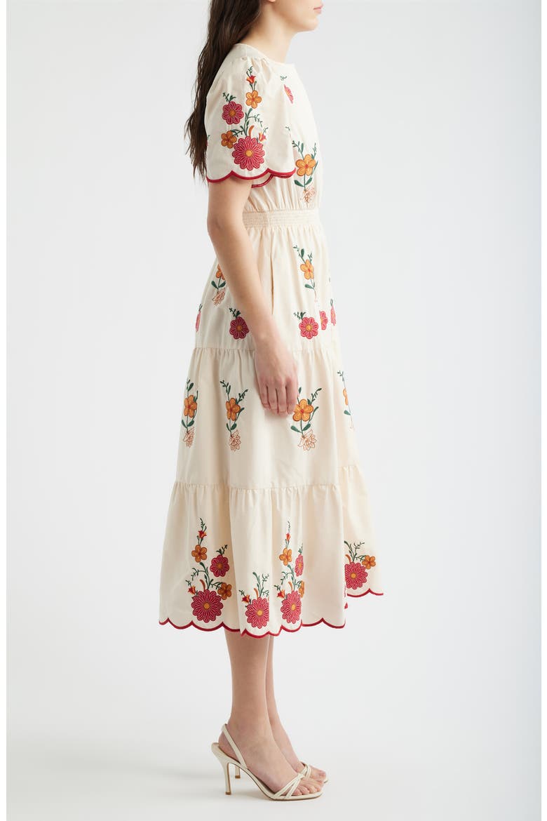 Embroidered Puff Sleeve Midi Dress, Alternate, color, RED MULTI