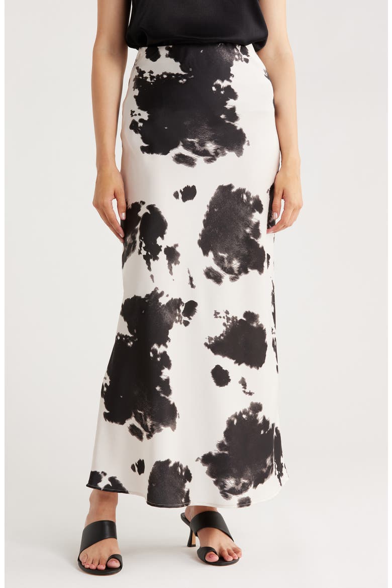 Cow Print Satin Maxi Skirt, Main, color, BLACK