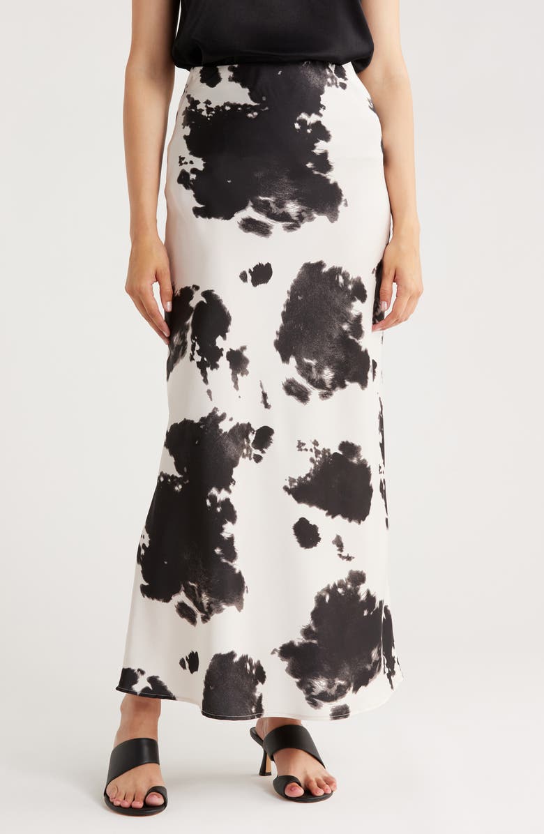 Renee C Cow Print Satin Maxi Skirt, Main, color, Black