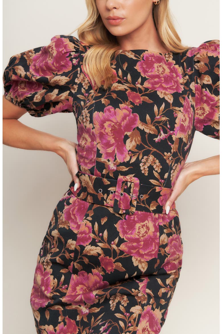 Floral Print Puff Sleeve Midi Dress, Alternate, color, BLACK