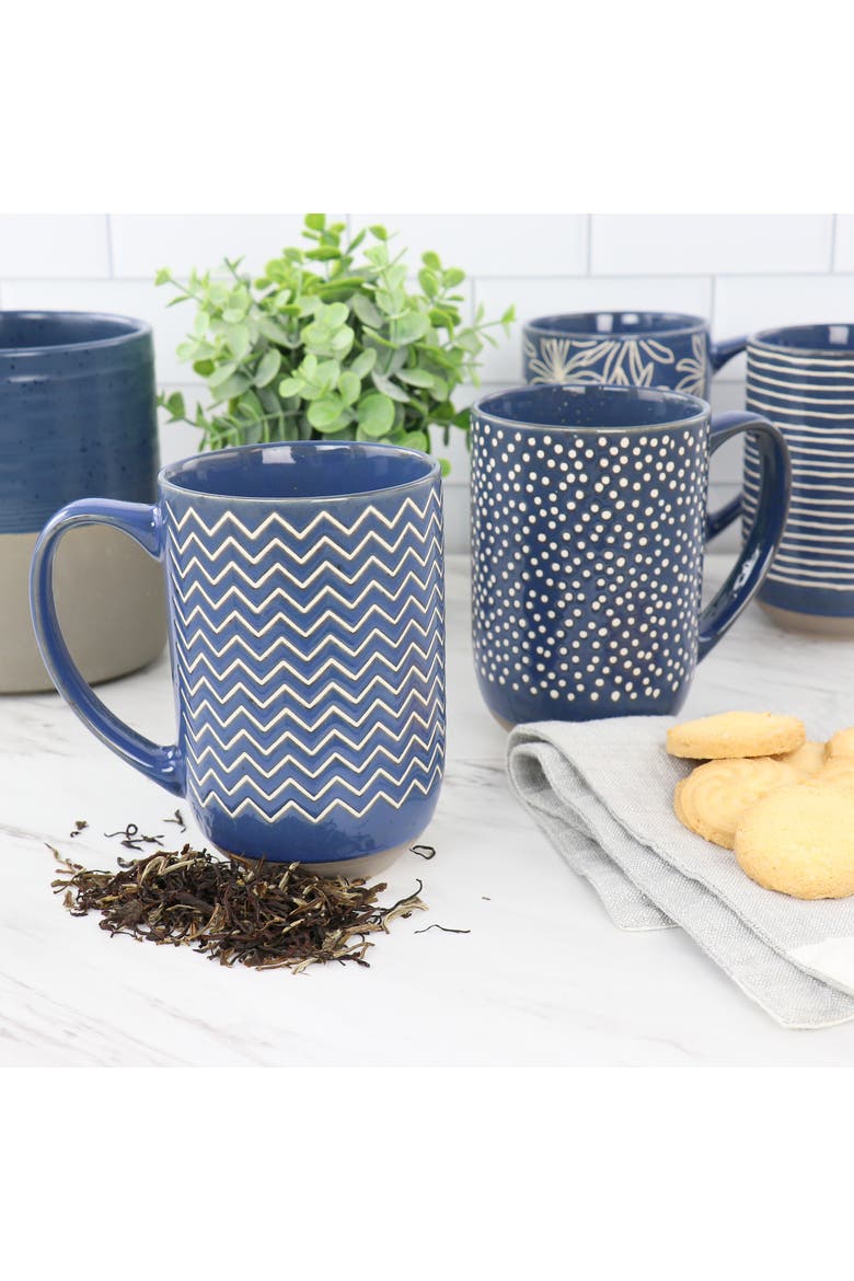 Madrina 4 Piece 19 Ounce Stoneware Assorted Designs Mug Set, Alternate, color, Blue