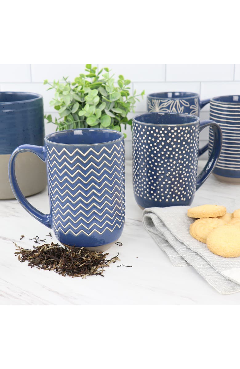 Laurie Gates Madrina 4 Piece 19 Ounce Stoneware Assorted Designs Mug Set, Alternate, color, Blue